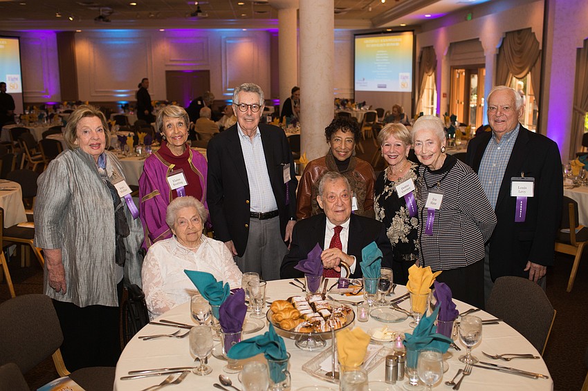 2018 Honorees Jean Wieller, Elaine Keating, David Bavar, Carol Buchanan, Dottie Garner, Eva Slane, and Louis Levy with Elsie and Marty Cohn