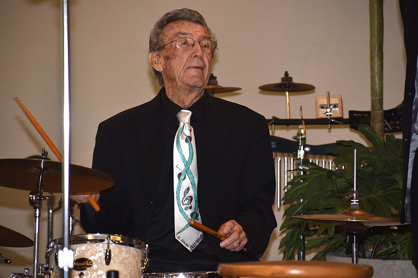 Al Hixon plays the drums during the Jazz Sunday worship service Feb. 11.