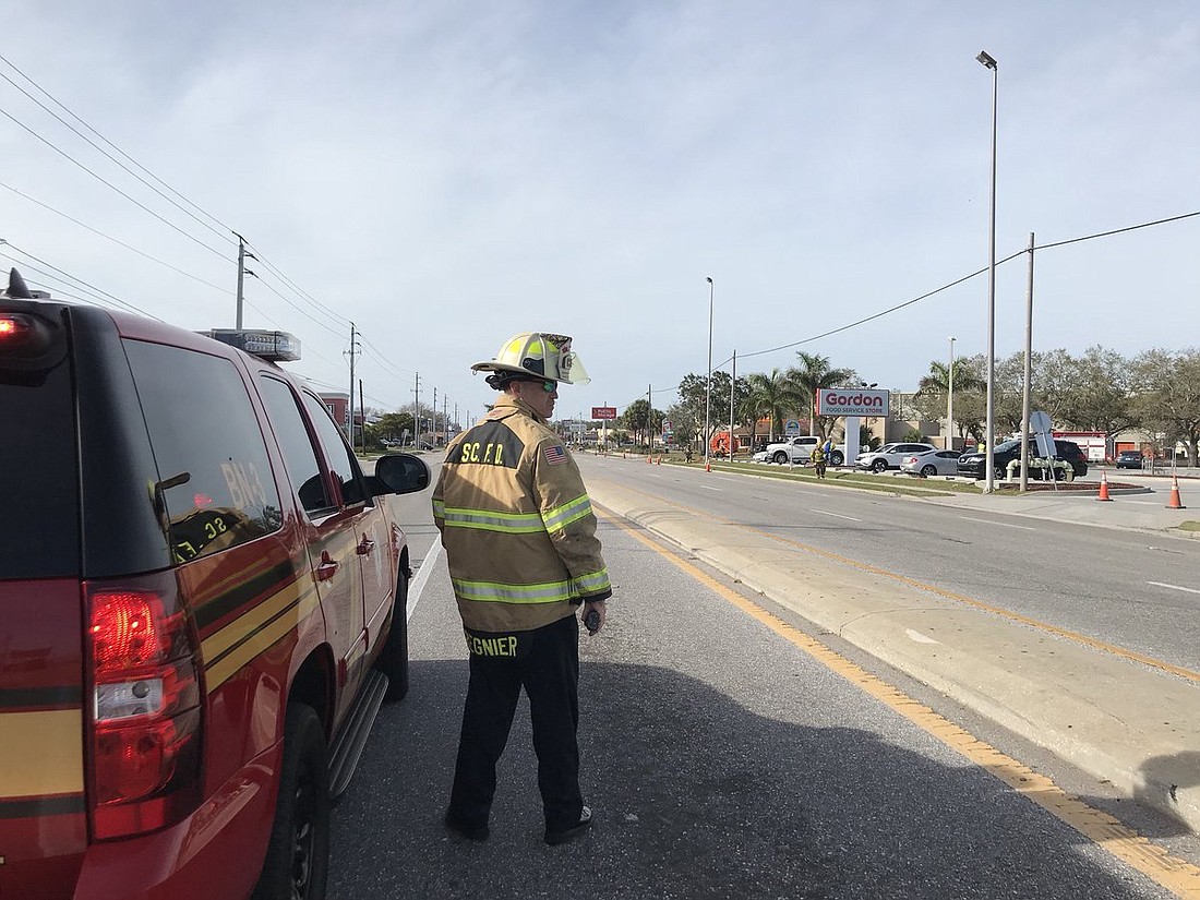 The Sarasota County Fire Department is responding to a four-inch gas line break near South Tamiami Trail. Photo courtesy Sarasota County.