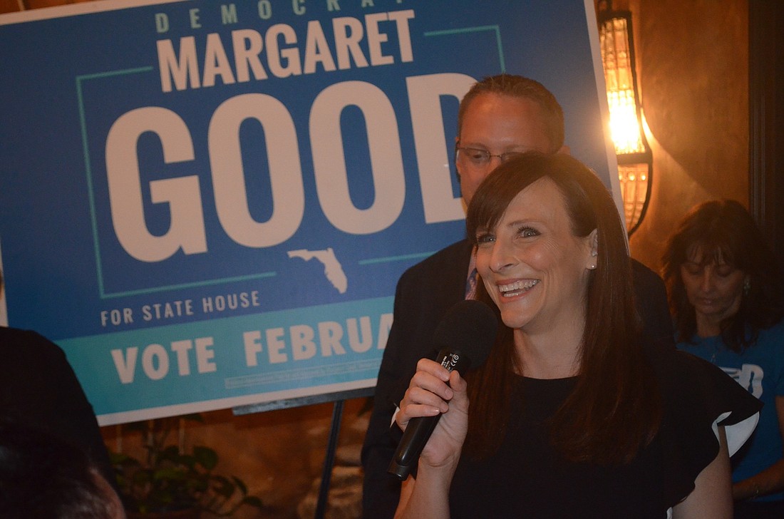 Margaret Good celebrates with supporters in Sarasota Tuesday after her win in the District 72 special election.