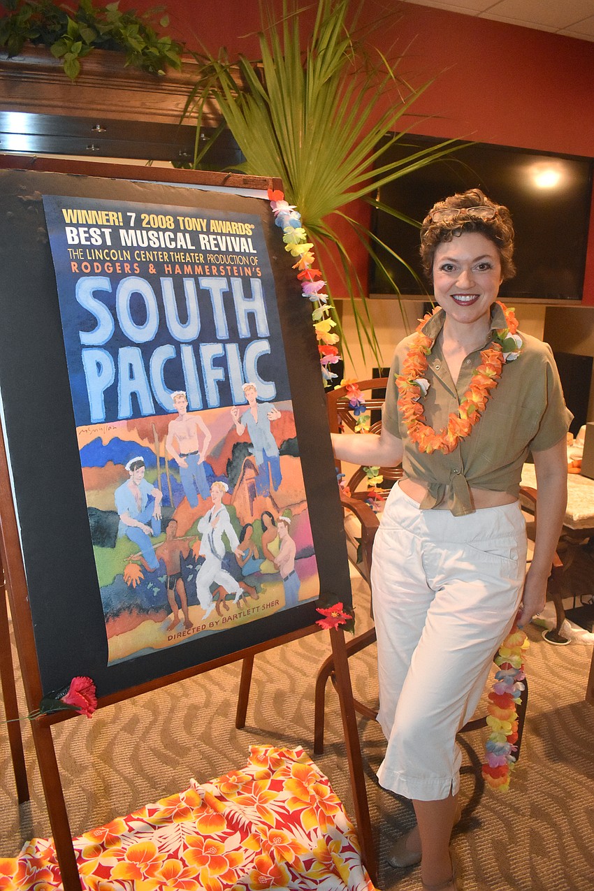 Connie Scardelli poses on her stage before performing “South Pacific” for Beachplace residents.