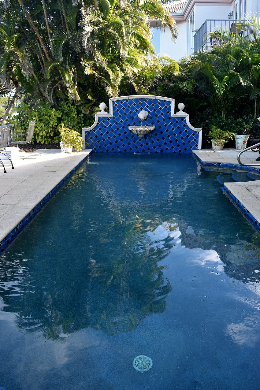 A lap pool surrounded by seating completes the backyard.