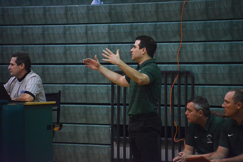 Jeremy Schiller throws his hands up after a foul call against the Mustangs.