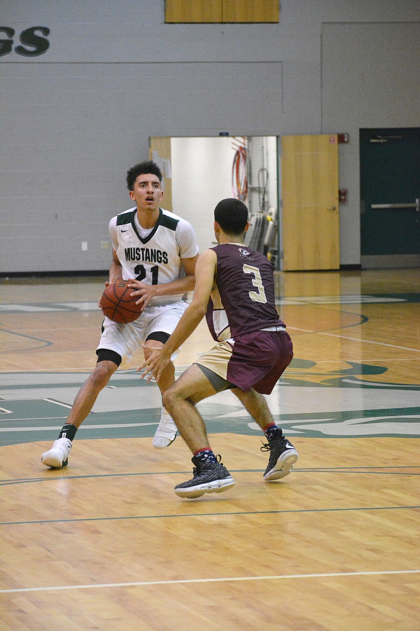 Senior Evan Spiller preps to pull up from deep against Riverdale.