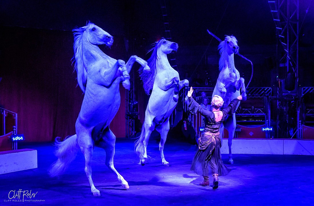Sylvia Zerbini performs her equestrian act. Photo by Cliff Roles