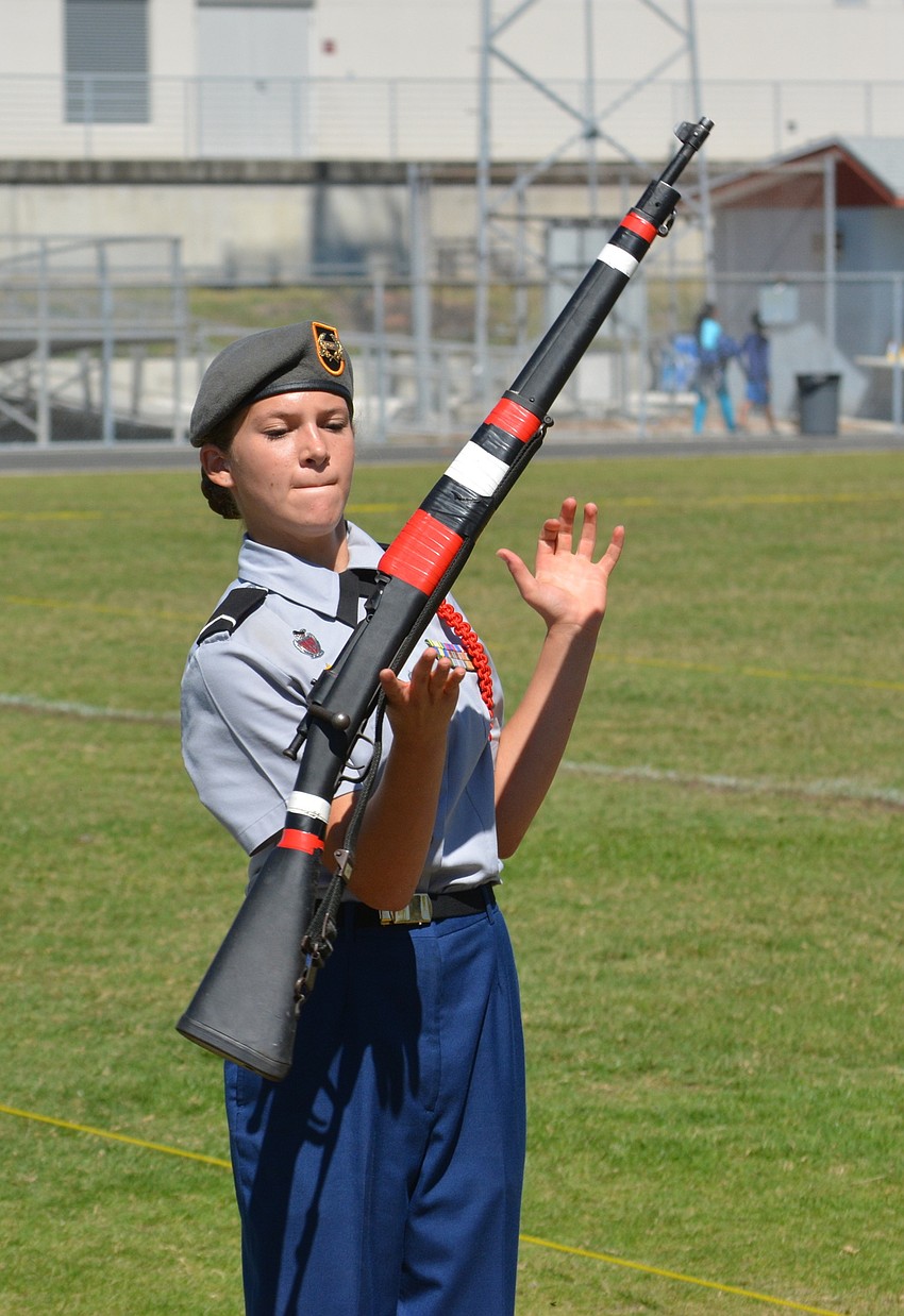 Sela Swanson is a picture of concentration during the Female Platoon Exhibition drill.