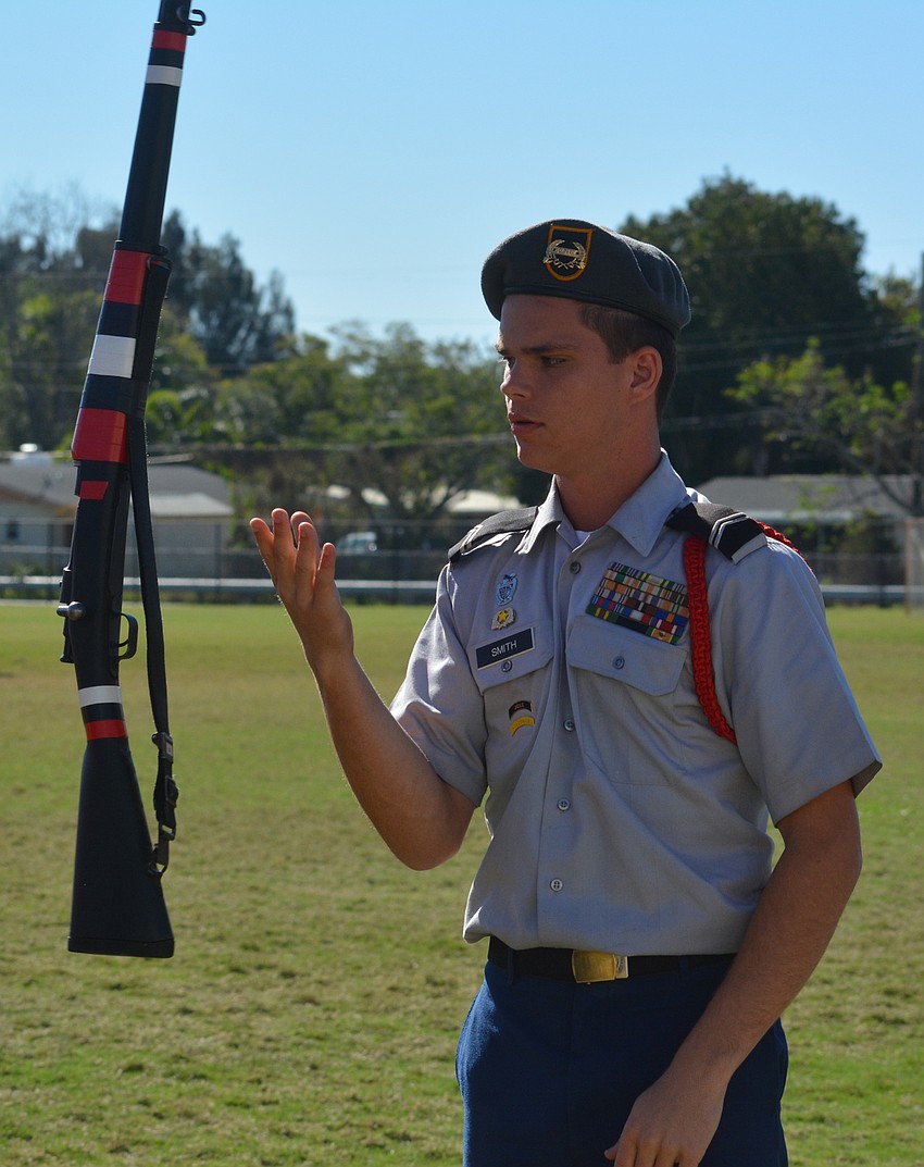 Blake Smith looks like he is levitating his weapon during the Squad Exhibition drill.