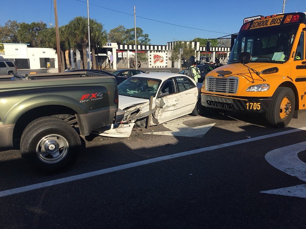 Three students were hospitalized with minor injuries because of the crash. Photo courtesy Sarasota Police Department.
