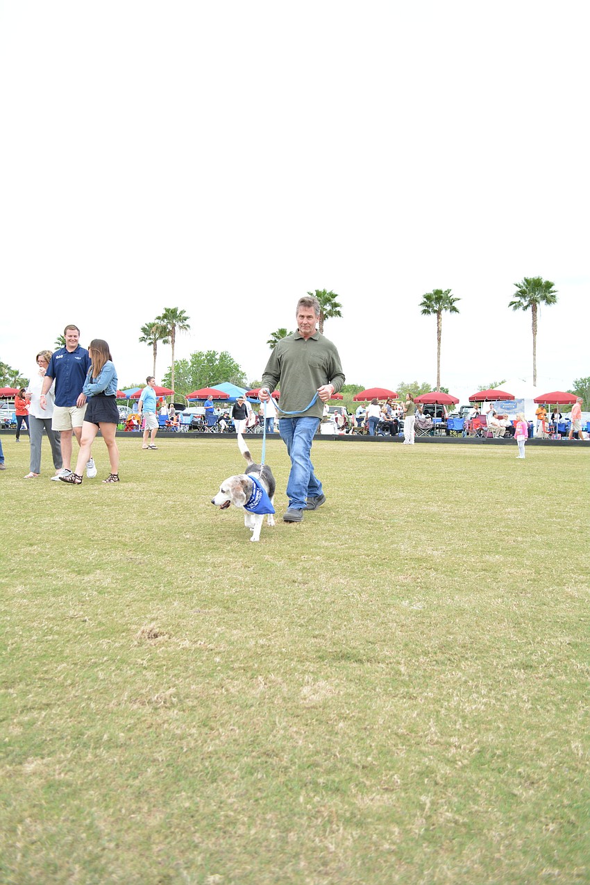 Mill Creek's Paul Weott, with his dog, Vinny, hunt for divots to stomp.