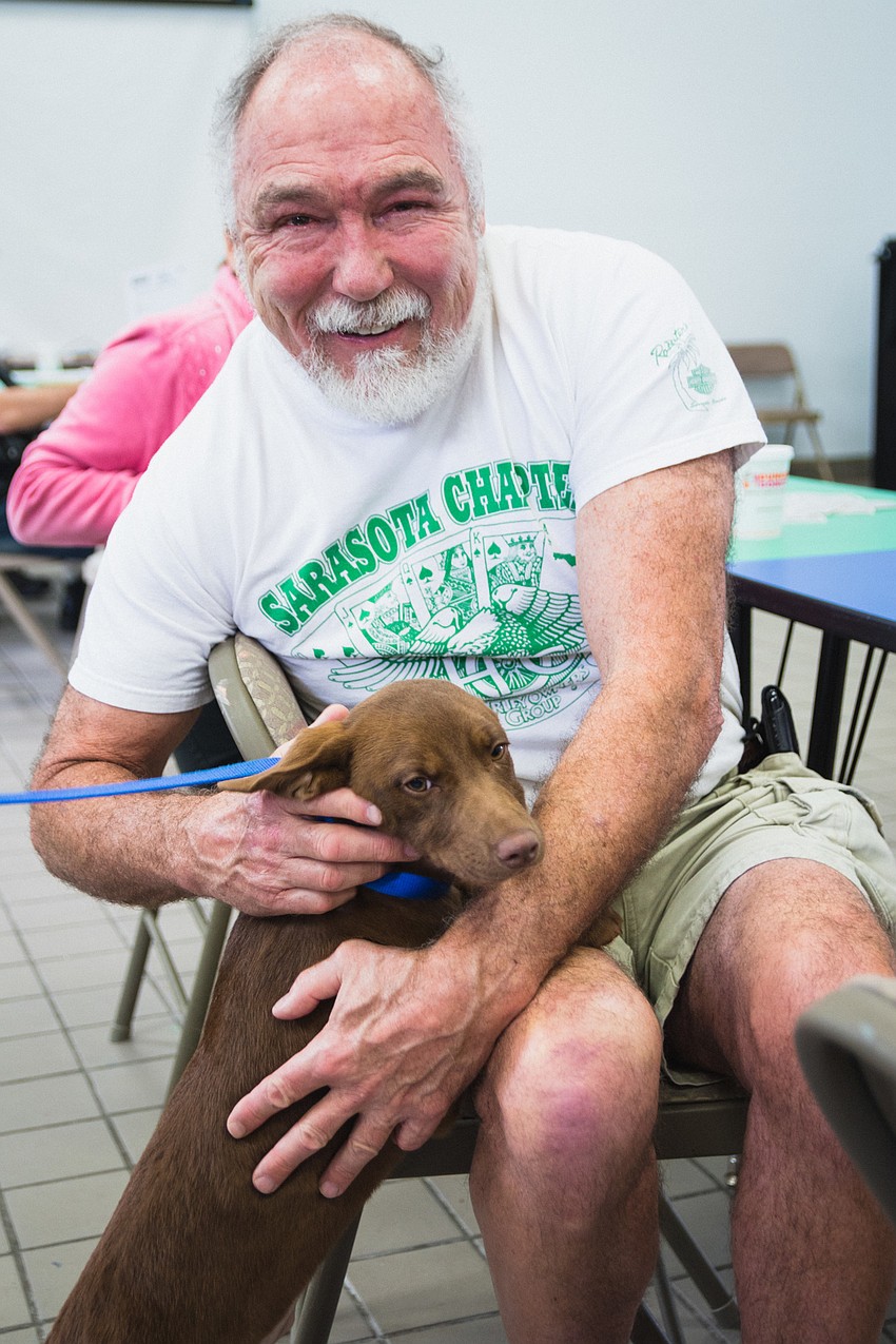 Lovey greets Sarasota HOG volunteer Pete DeFant.