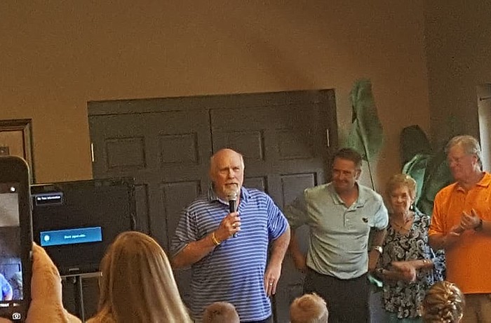 Terry Bradshaw speaks to guests during the open house about his family's plans for the Stoneybrook Golf Club. Courtesy image.