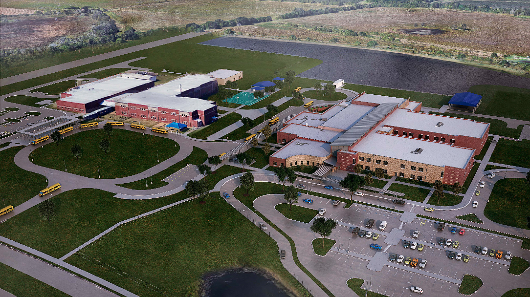 A birds eye view of a rendering of the new Dr. Mona Jain Middle School.