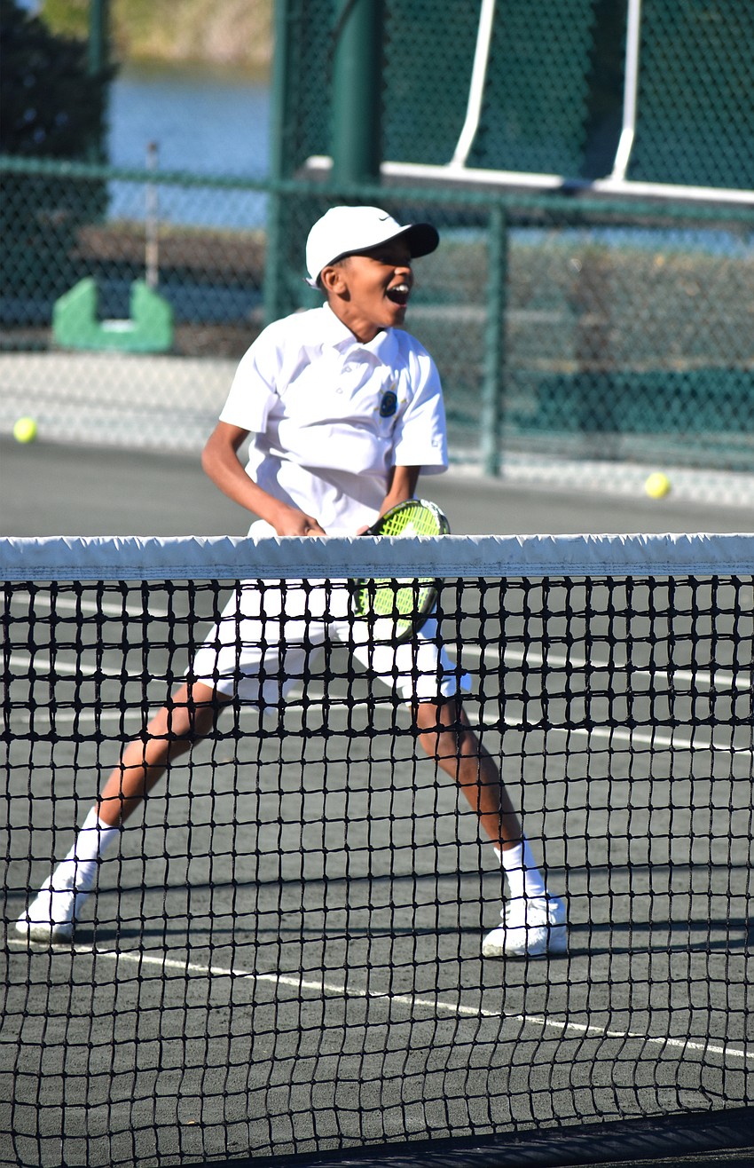 Orel Adga reacts to a play during a rally drill at the exhibition.