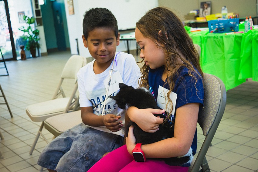 Luis Alvarez and Sophia Mayoral play with a kitten.