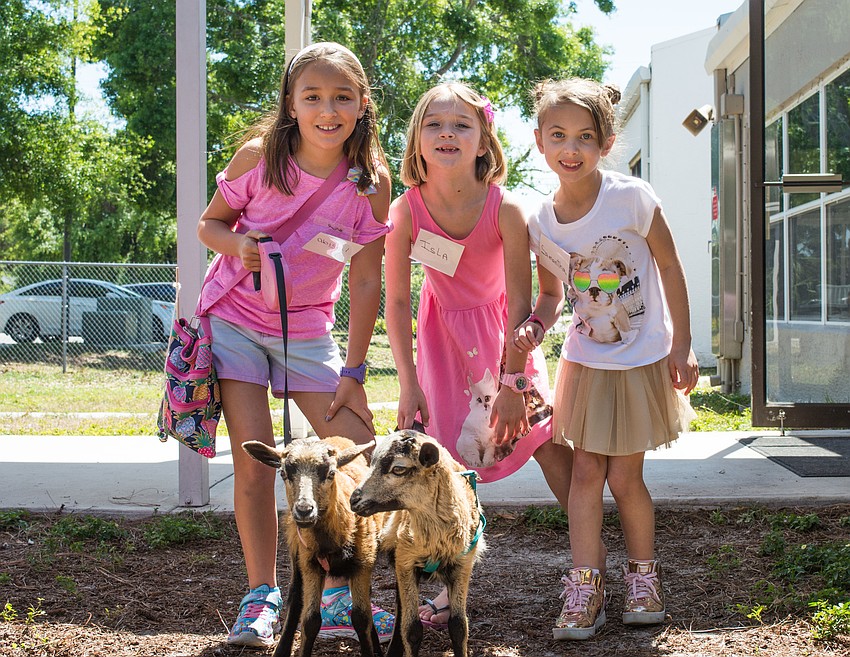 Abigail Dipinto, Isla Paterson and Samantha Chessler pose with lambs from McG Farm.