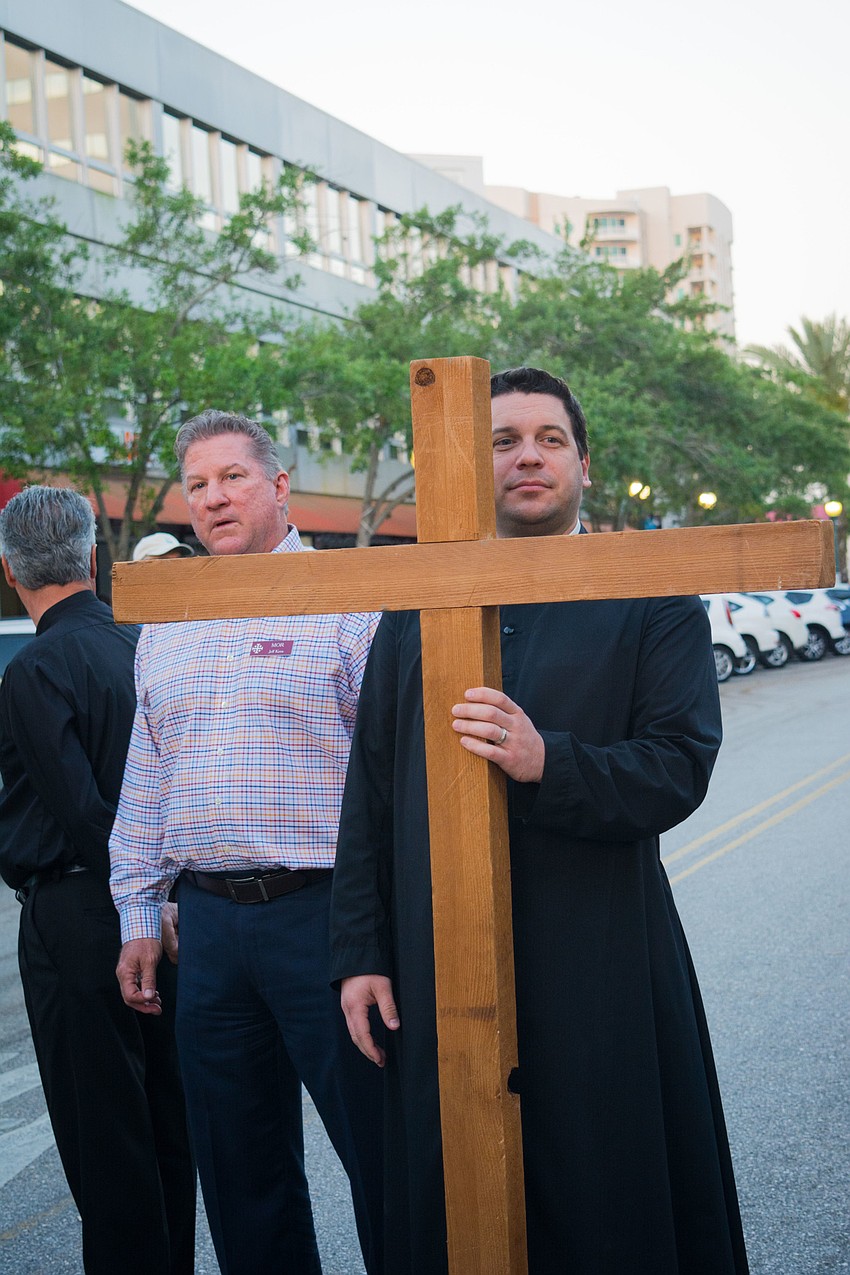 Jeff Kern and Rev. Chris Wood during the beginning of the Good Friday walk.