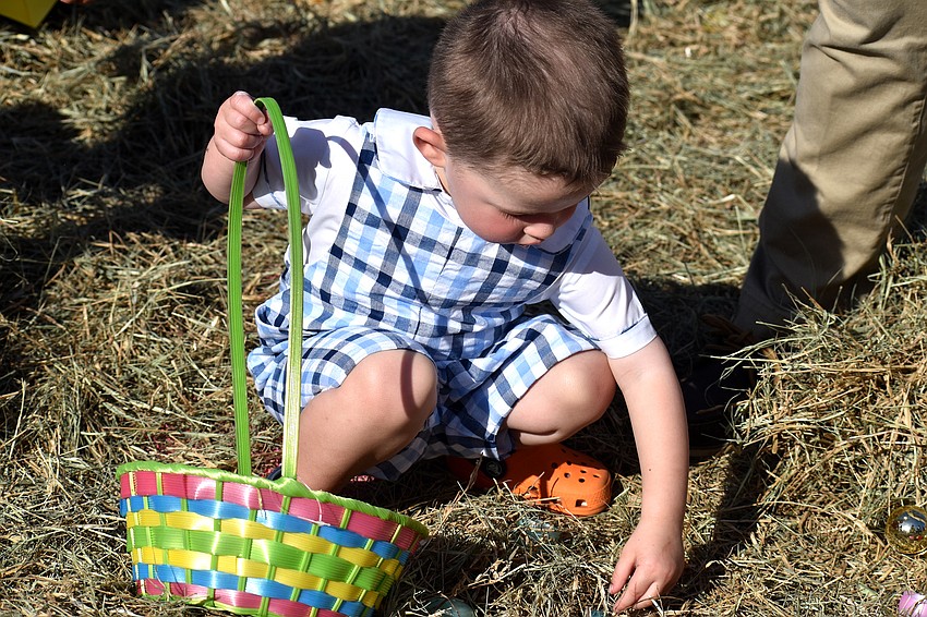 Silas Barksdale looks for Easter eggs in the hay.