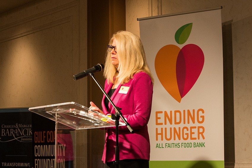 All Faiths Food Bank CEO Sandra Frank goes over children's hunger statistics in Sarasota.