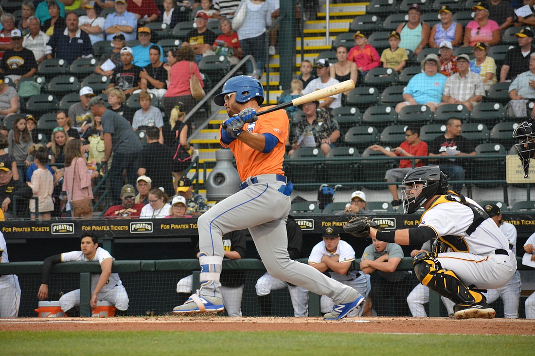 Desmond Lindsay smashes a ball up the middle against Bradenton.