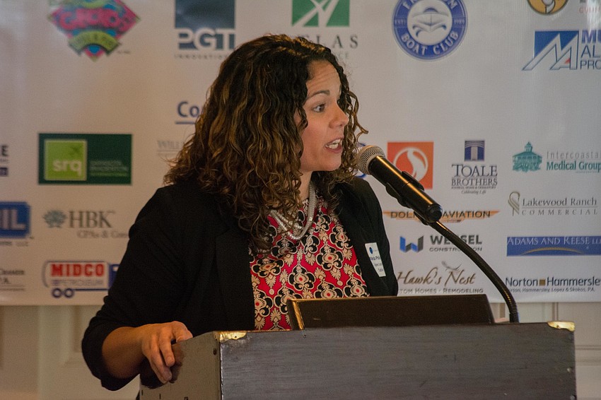 Marcia Philosophos introduces Florida Commissioner of Education Pam Stuart .