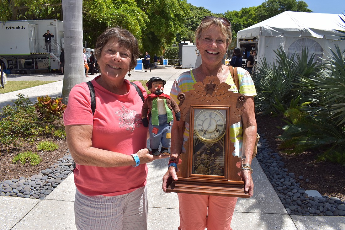 Friends Marsha and Douglass, both of Sarasota, came to the Sarasota taping of "Antiques Roadshow" with a clock and an Emmett Kelly doll.