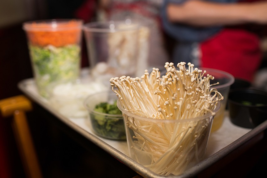 The second course, yaki udon Japanese shrimp noodle stir-fry, had many ingredients.