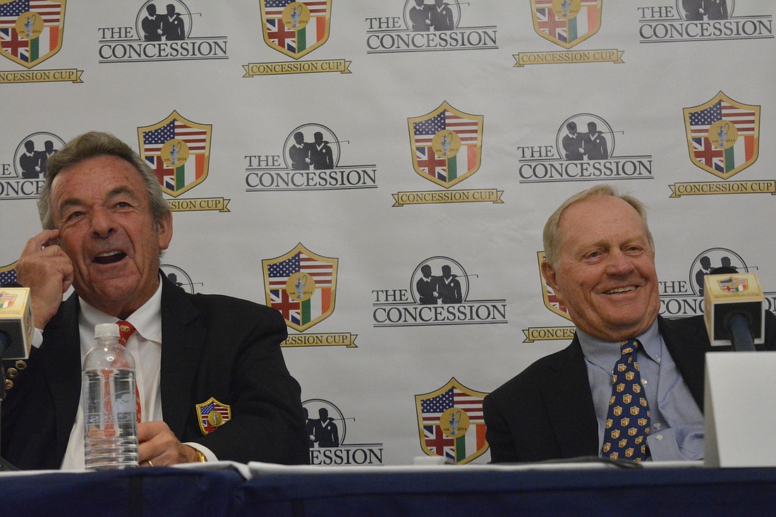 Tony Jacklin and Jack Nicklaus laugh during the 2018 Concession Cup press conference.
