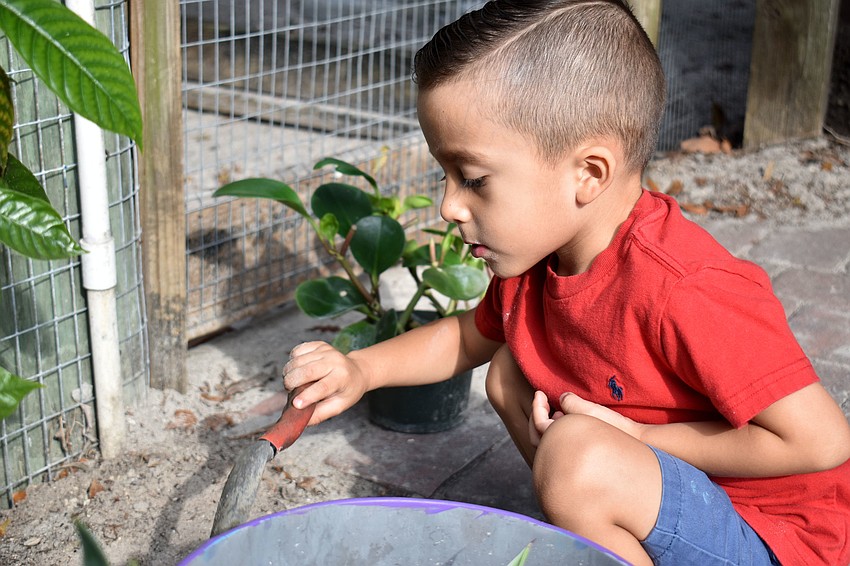 Josiah Bautista shovels dirt into a bucket.