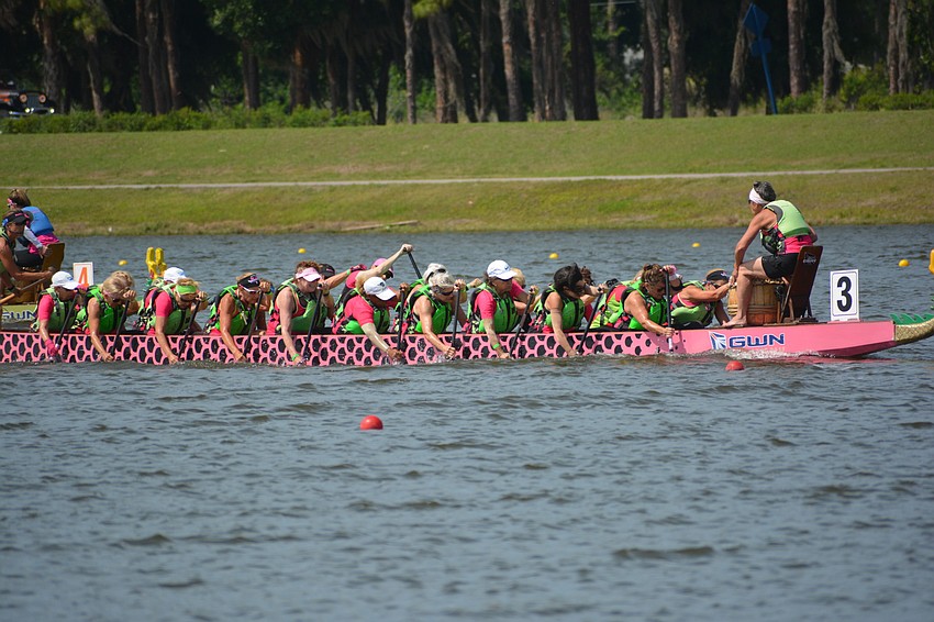 Midway through the 500-meter finals, Survivors in Synch takes command at Nathan Benderson Park.