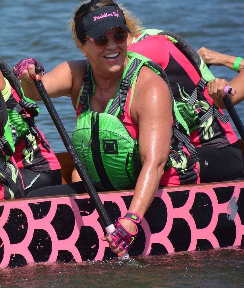 Carla Baldwin is all smiles after Survivors in Synch won the 500-meter final.