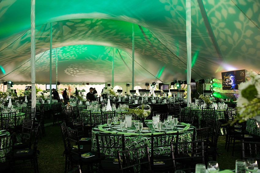 The dinner tent was lit up with green lights.