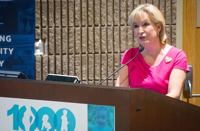 Barancik Foundation CEO Teri Hansen addresses First 1,000 Days Sarasota County campaign partners at Sarasota Memorial Hospital.