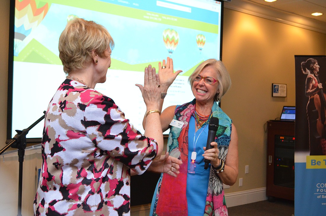 The Patterson Foundation President and CEO Debra Jacobs with Community Foundation of Sarasota County President and CEO Roxie Jerde celebrate the 2016 Giving Challenge.