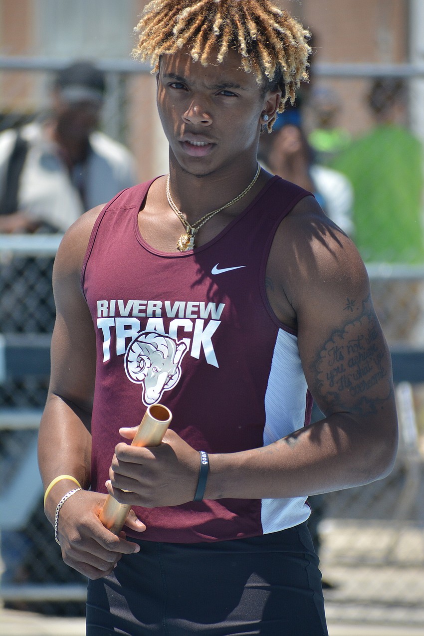 Riverview High senior Jamar Johnson gets his game face on before the 4x100 meter relay.