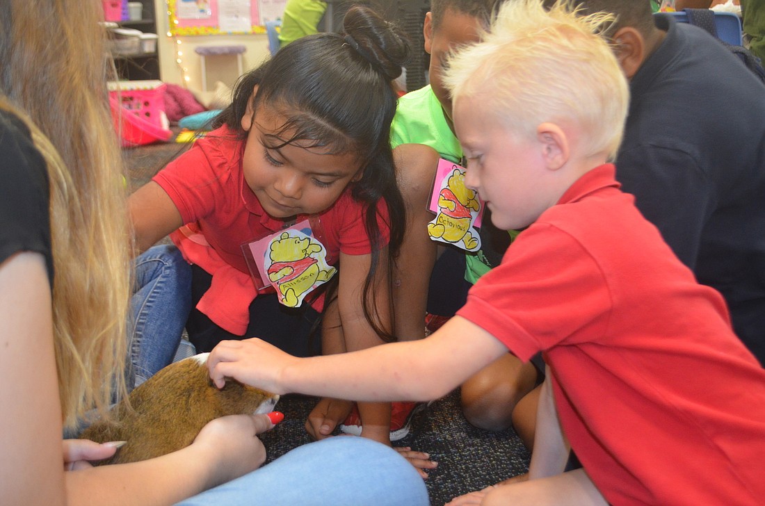 Topher endures petting from Allisson Cruz and Asher Abelson, kindergartners at Bashaw.