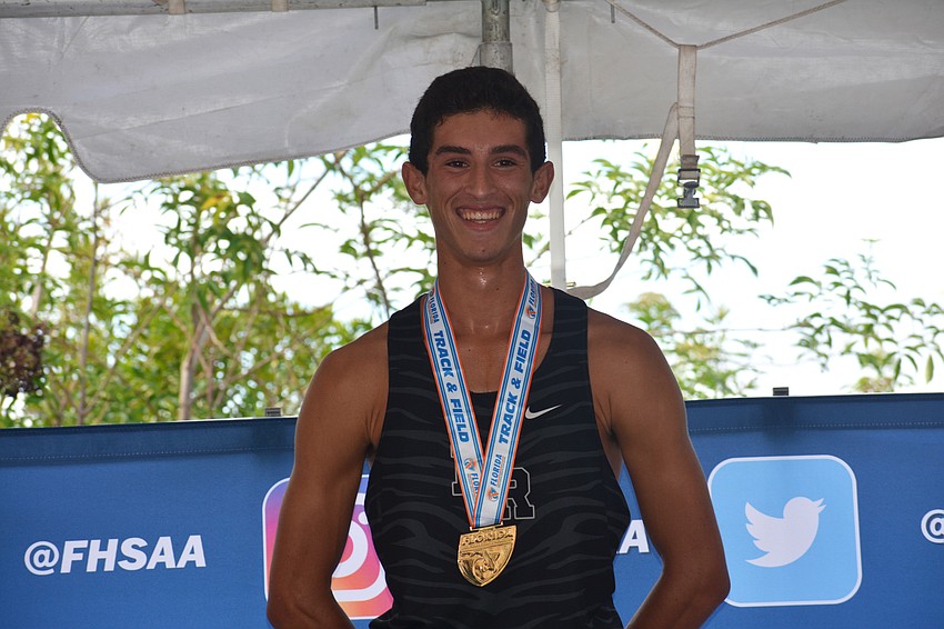 Lakewood Ranch junior James Rivera celebrates his first gold medal.