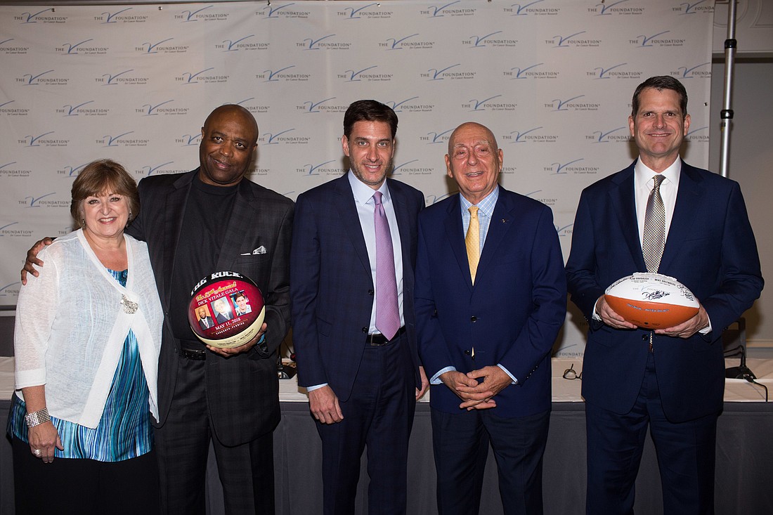 The V Foundation for Cancer Research CEO Susan Braun, Florida State men&#39;s basketball coach Leonard Hamilton, ESPN broadcaster Mike Greenberg, Dick Vitale and Michigan football coach Jim Harbaugh. Photo by Kayleigh Omang.