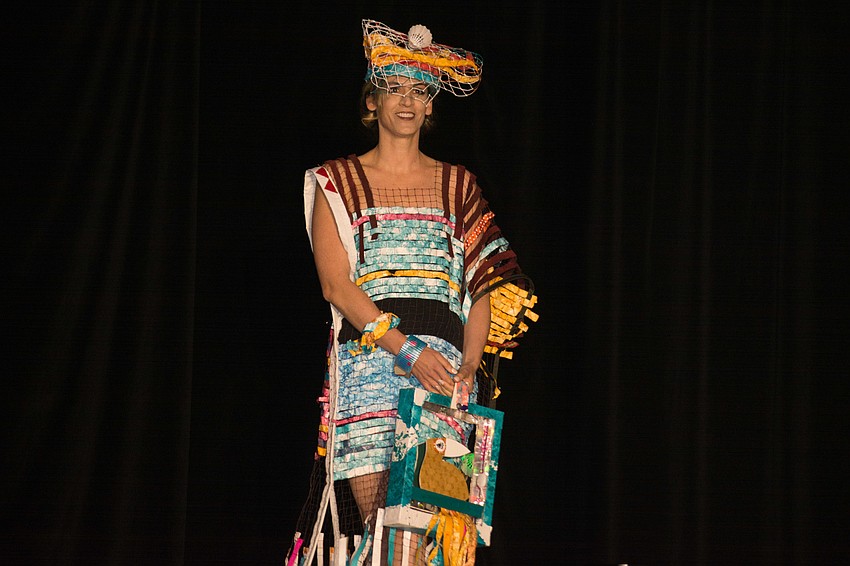 Liz Dobbins models a look made of badminton net, Tyvek and a yoga mat made by designer Jim Stewart.