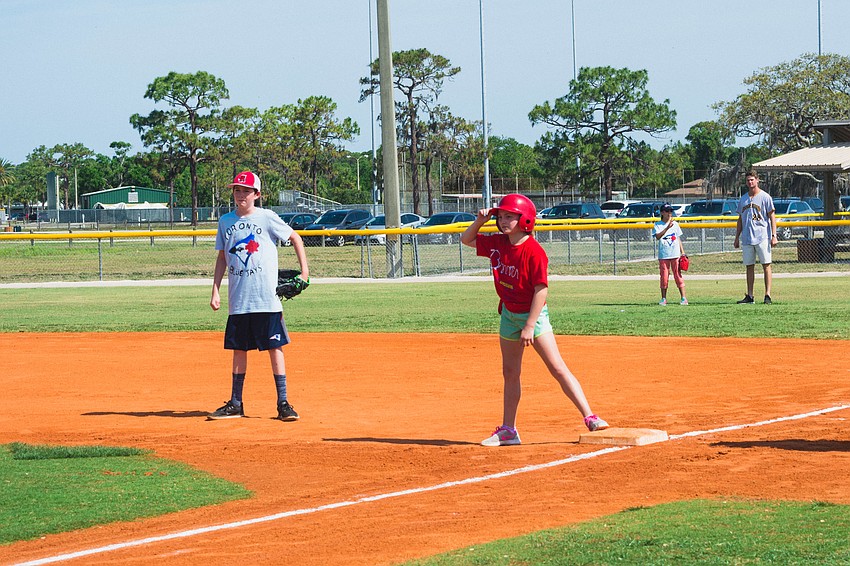 Jessie Rosenberg waits at first base.