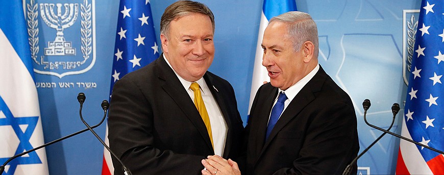 Israeli Prime Minister Benjamin "Bibi" Netanyahu, right, greets U.S. Secretary of State Mike Pompeo.