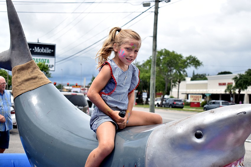 Audrey Wallin tests out the mechanical shark.