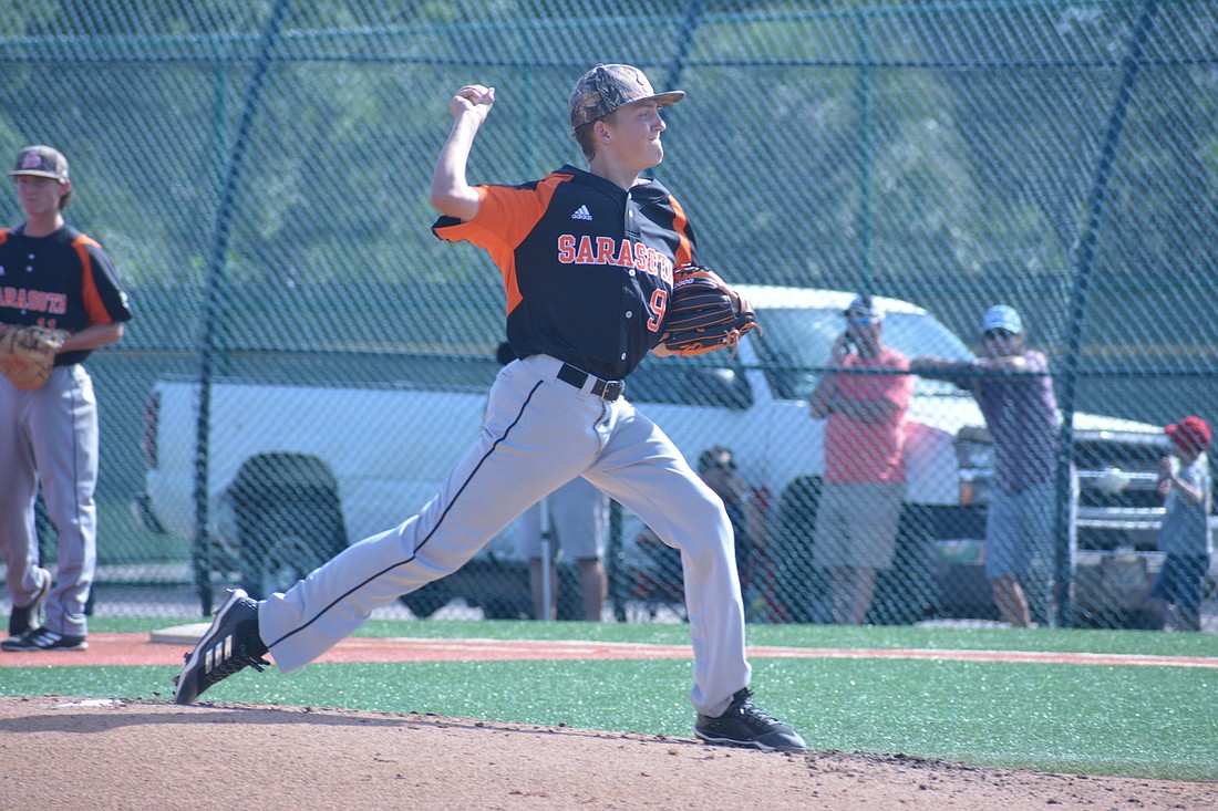 Sarasota High freshman pitcher Conner Whittaker fires a pitch against the Lakewood Ranch Mustangs.
