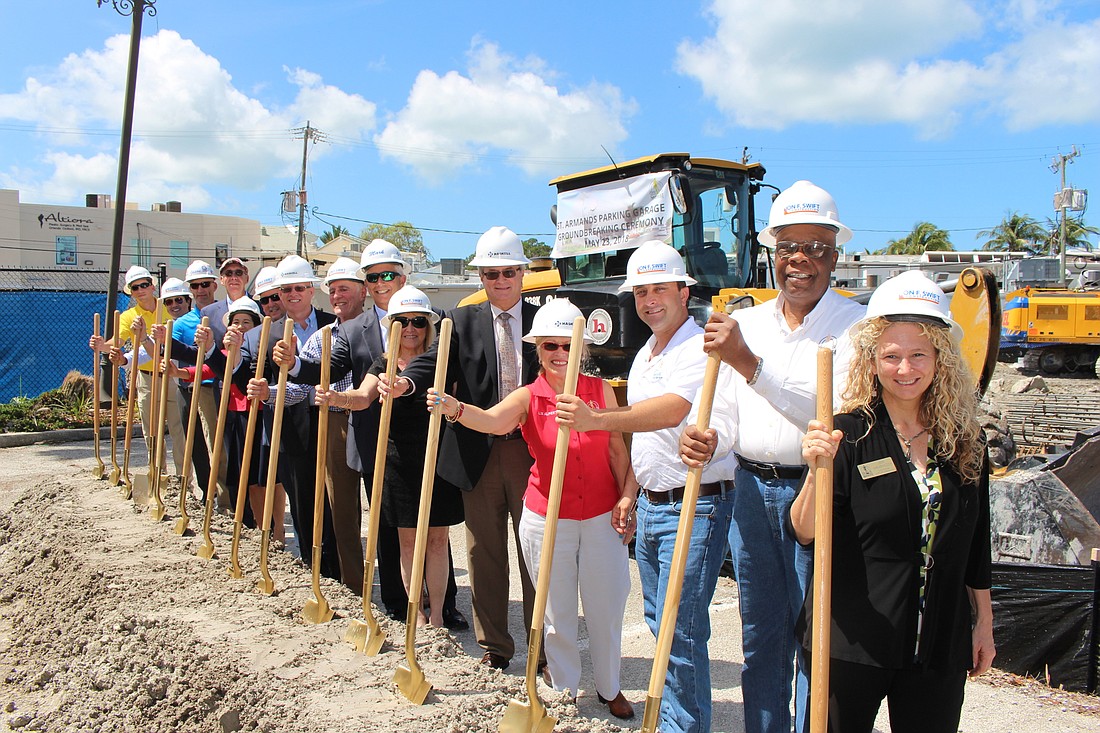 Sarasota city officials, construction team members and St. Armands stakeholders appeared at the garage groundbreaking. Photo courtesy city of Sarasota.