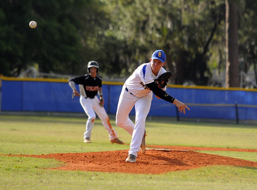 Then-Sarasota Christian junior pitcher Jordan Schmucker baffles the Gulf Coast HEAT on April 19. Schmucker went six innings allowing just one run, and also hit a home run himself. The Blazers won 10-1. Photo by Jen Blanco.