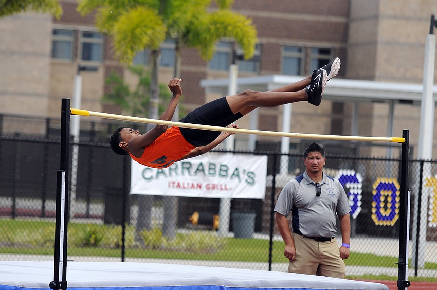 Then- Sarasota sophomore Jaasiel Torres cleared 6 feet, 4 inches to finish third in the high jump at the Class 4A state meet on May 6 at IMG Academy. Photo by Jen Blanco.
