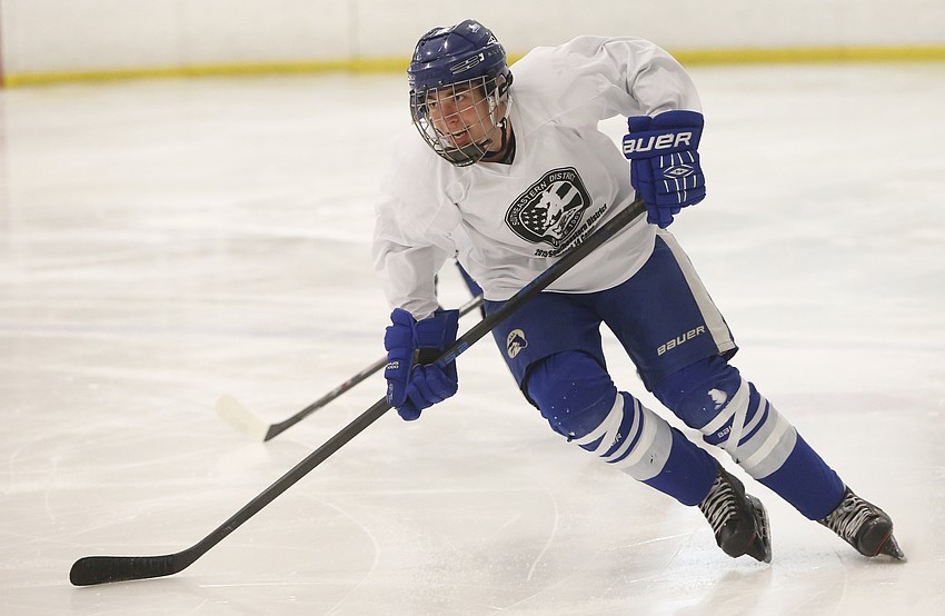 Eliot Bergbauer, a then-freshman at Sarasota Military Academy, skates for the Tampa 2001 Hockey Club on May 12. Bergbauer plays both forward and defense for the club. Photo by Jen Blanco.