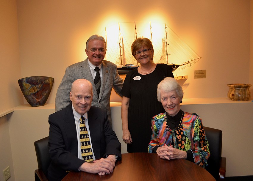 President and CEO of Plymouth Harbor Harry Hobson, Senior Vice President of Philanthropy Becky Pazkowski and Phil and Barry Starr, who led the campaign for Pilgrim Hall.