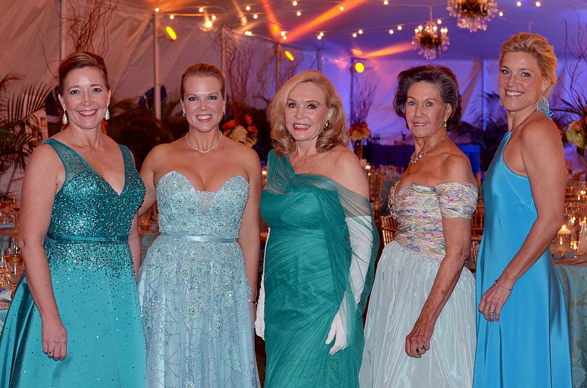 Christine Johnson, Co-Chairs Jamie Becker and Margaret Wise, Honorary Chairwoman Cornelia Matson and Co-Chair Mickey Davis dazzle at Palm Ball on Saturday, Feb. 6, 2016 at Bay Preserve. Photo by Heather Merriman Saba