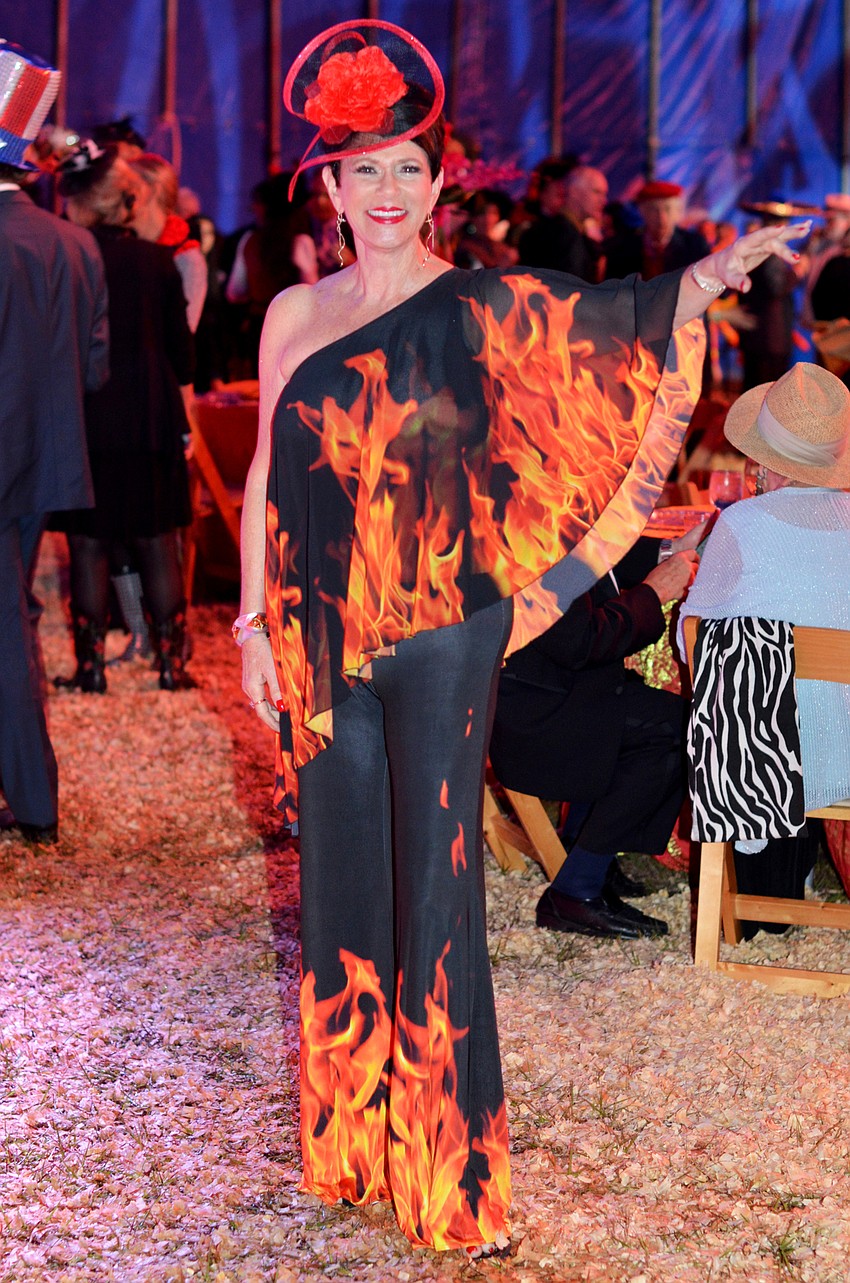 Wendy Feinstein'   s fashionable jumpsuit was on fire at Circus Arts Gala on Friday, Jan. 30, 2016 at the Circus Arts Conservatory. Photo by Heather Merriman Saba