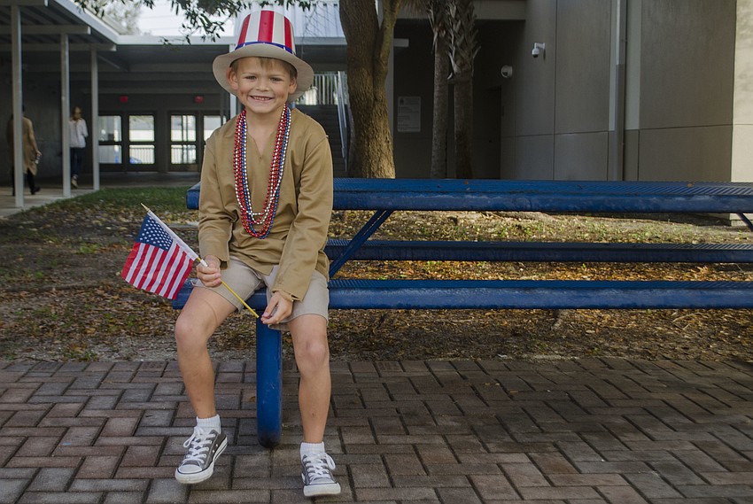 Gregory Budslick dressed as Uncle Sam and welcomed students to America.